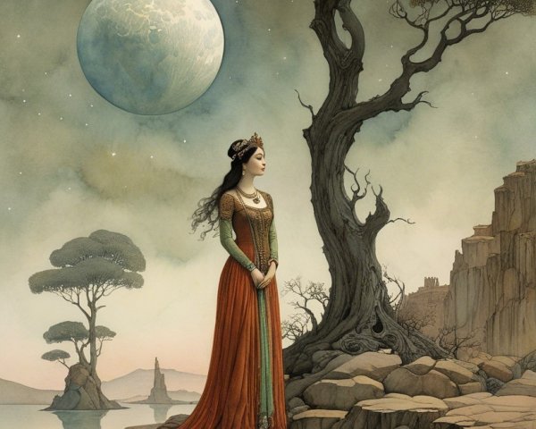 Mystical Landscape with Woman by Tranquil Lake