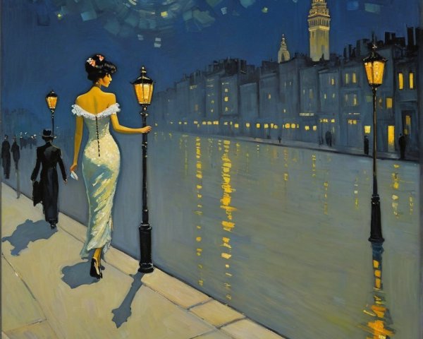 Romantic Night Scene by Moonlit Riverbank and Skyline