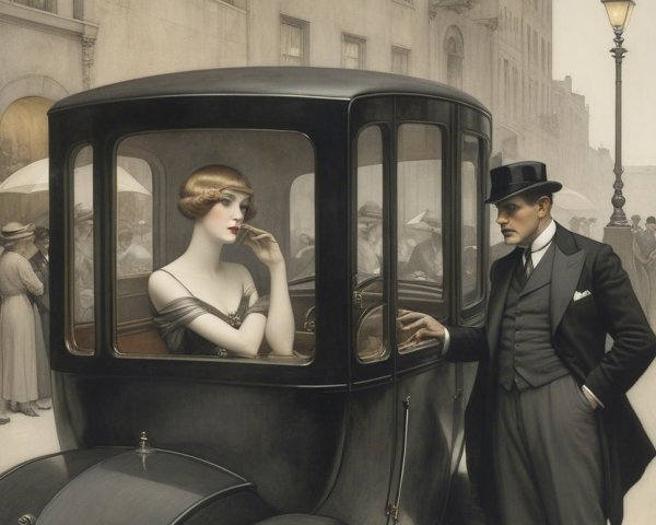 Stylish Couple by Vintage Car in Urban Setting