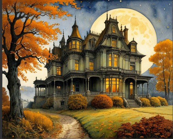 Victorian Mansion Under Full Moon with Autumn Foliage