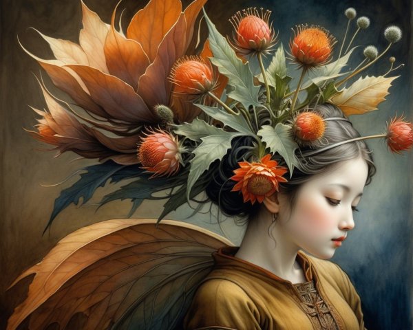 Young Woman with Autumn Leaf Headdress and Garment