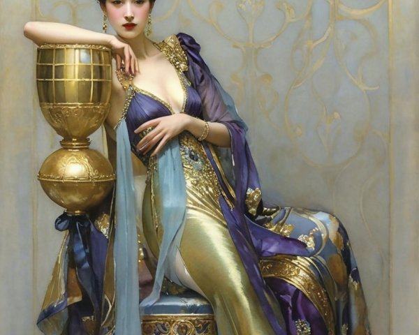 Elegant Woman in Rich Fabrics with Golden Vessel