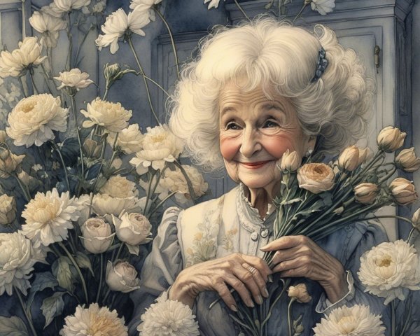 Elderly Woman Smiling with Bouquet of Pastel Flowers