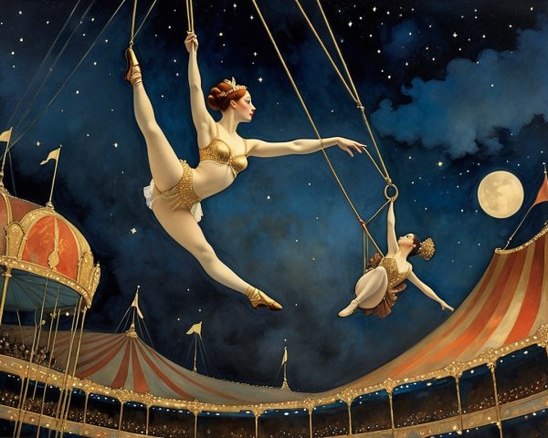 Female trapeze artists in gold leotards performing at night