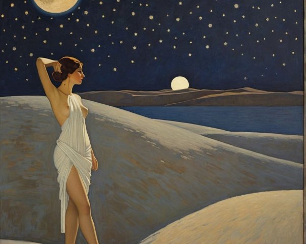 Serene Figure on Dune by Moonlit Sea at Night