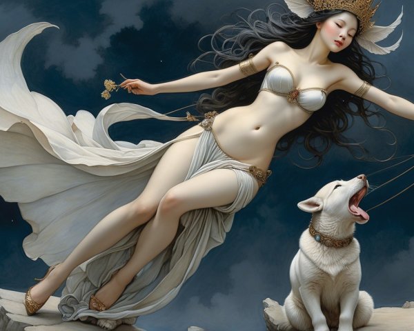 Ethereal Scene of Woman with Dog in Fantasy Setting