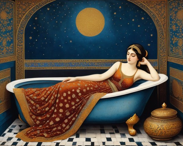 Serene Woman in Ornate Bathtub Under Night Sky