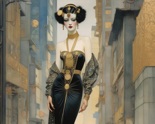 Woman in ornate dress amid futuristic cityscape