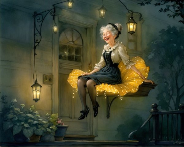 Elderly Woman in Vintage Dress on Ledge with Lanterns
