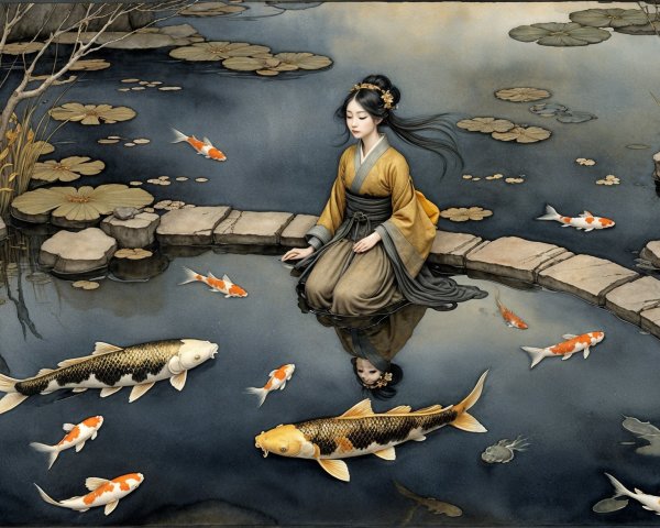 Young Woman in Traditional Attire by Tranquil Pond
