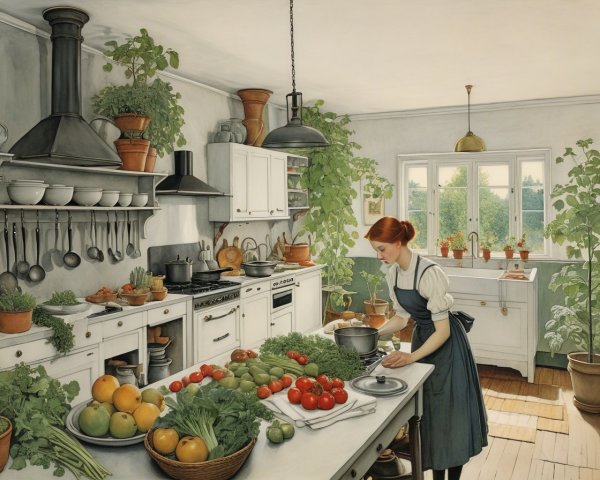 Bright Kitchen with Fresh Vegetables and Rustic Decor