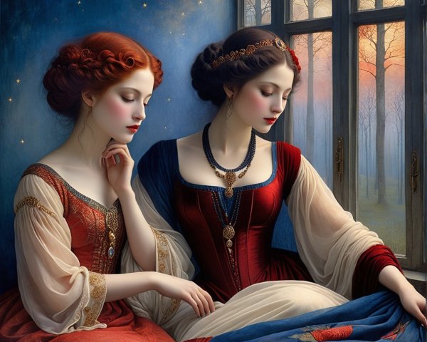 Elegant Women in Rich Gowns by a Window at Dusk