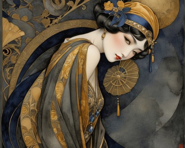 Elegant Woman in Luxurious Garments with Gold Patterns