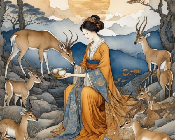 Elegantly Dressed Woman Feeding Deer at Sunset