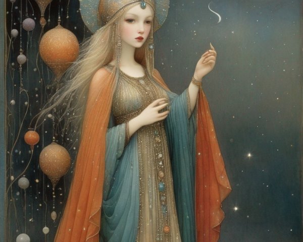 Ethereal woman in medieval attire under starry sky