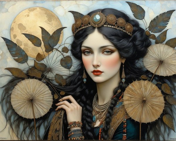 Cinematic Portrait of a Black-Haired Goddess in Gold