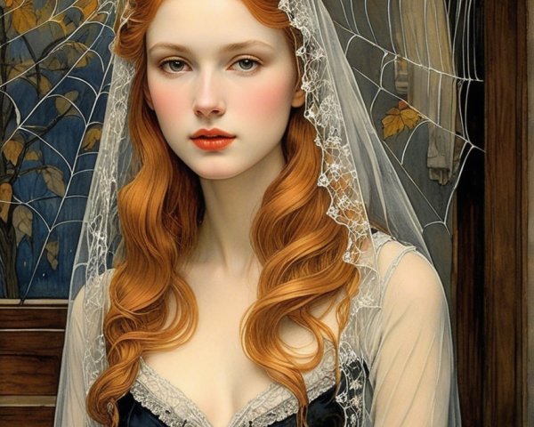 Young woman in lace veil with red hair and dark dress