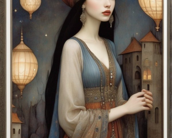 Illustrated portrait of a woman in medieval eastern attire with floating lanterns and stars.