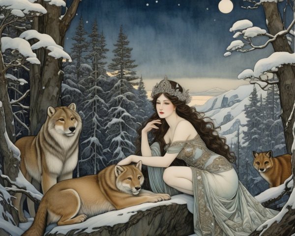 Mystical Winter Scene with Woman, Lion, and Wolves