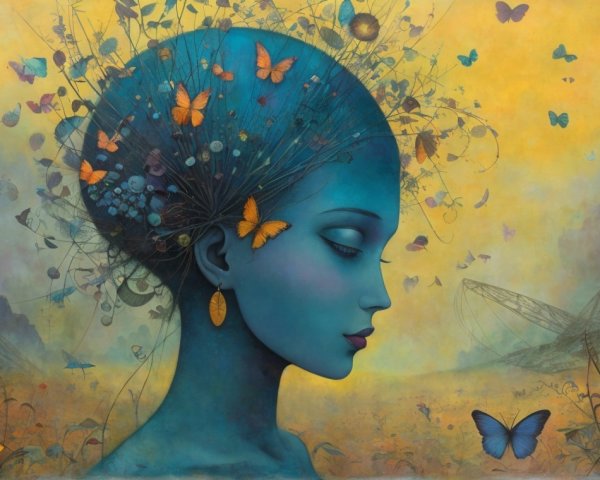 Blue-Skinned Woman's Profile in Whimsical Landscape