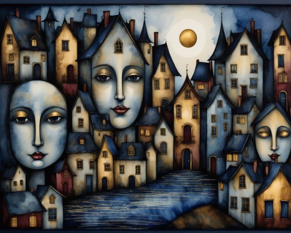 Surreal Town with Whimsical Houses and Human Faces