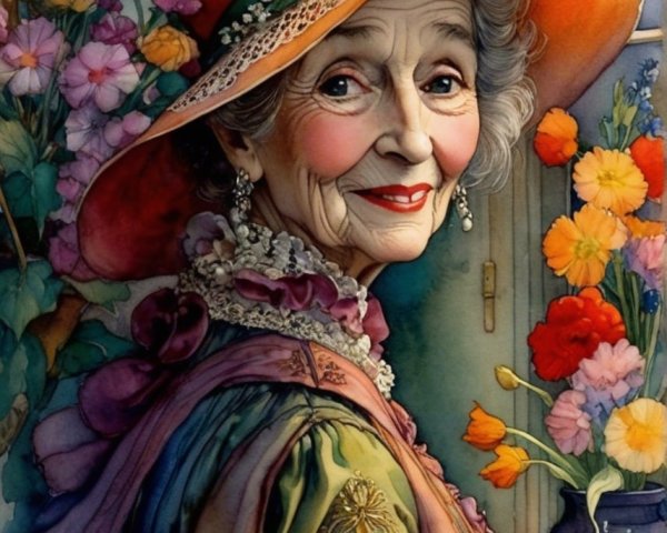 Elderly Woman in Floral Hat Surrounded by Flowers