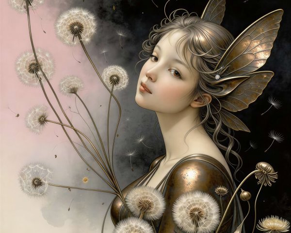 Detailed Painting of Feminine Figure in Bronze Dress