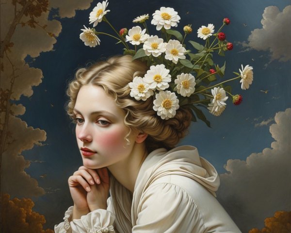 Serene Woman with Daisies Against Dramatic Sky