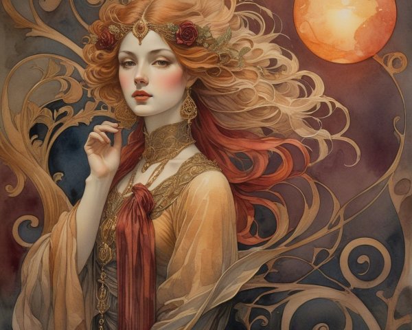 Fantastical Woman in Flowing Gown and Dreamy Setting
