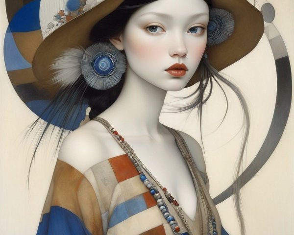 Stylized painting of young woman in embellished hat and geometric-patterned garment