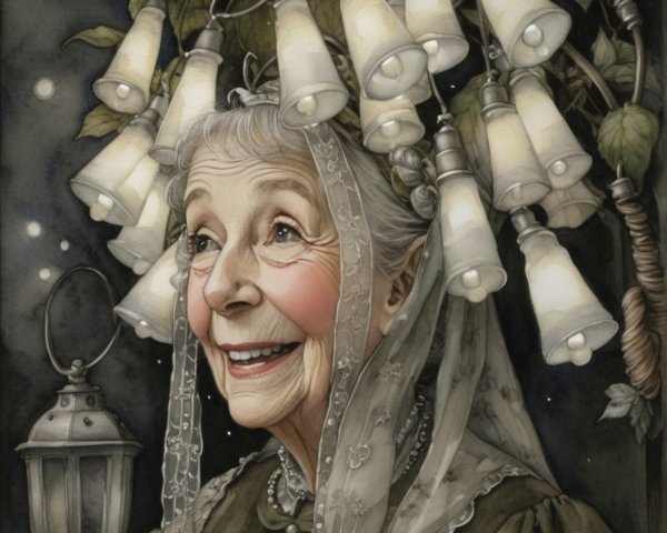 Joyful Elderly Woman in Whimsical Light Bulb Headdress