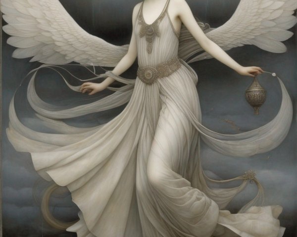 Majestic figure with white wings above dark cityscape