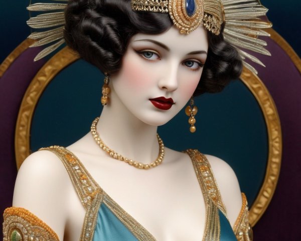 Vintage Porcelain Doll with Gold Headpiece and Turquoise Dress