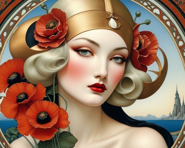 Illustration of a Woman in Golden Helmet and Castle