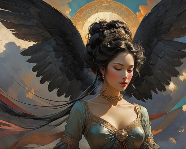 Serene figure in elegant gown with black wings and halo