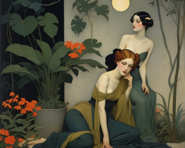 Elegantly Dressed Women in Ethereal Garden Setting