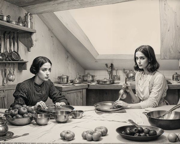 Vintage Kitchen Scene with Women and Fresh Produce