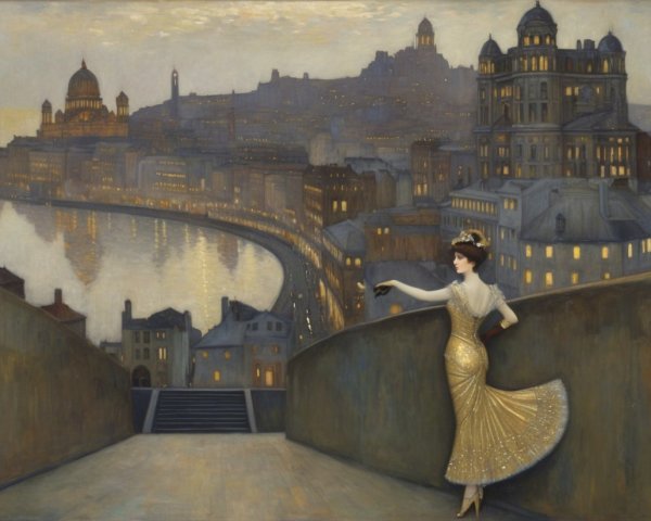 Graceful Woman in Gold Gown Overlooking Cityscape