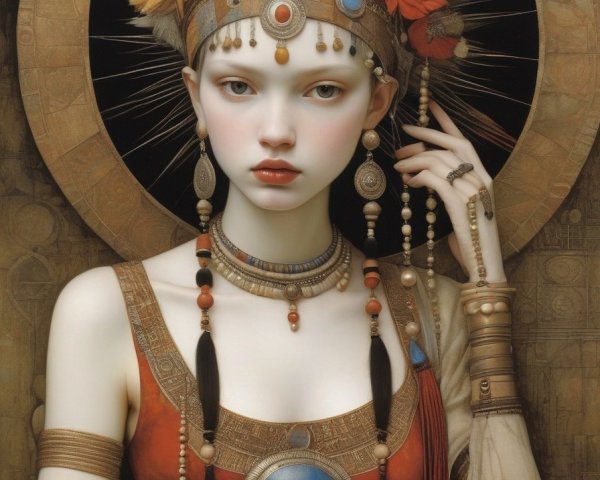 Pale-skinned woman with red lips in ornate headdress and tribal jewelry against warm backdrop