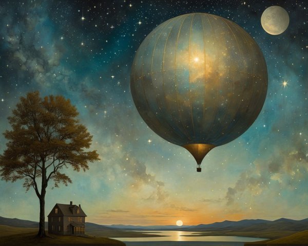 Tranquil Lake and Hot Air Balloon at Sunset
