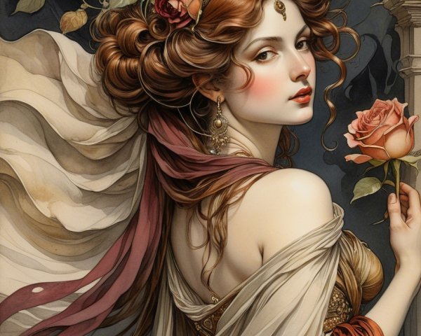 Elegant Woman in Gown with Roses and Dark Background