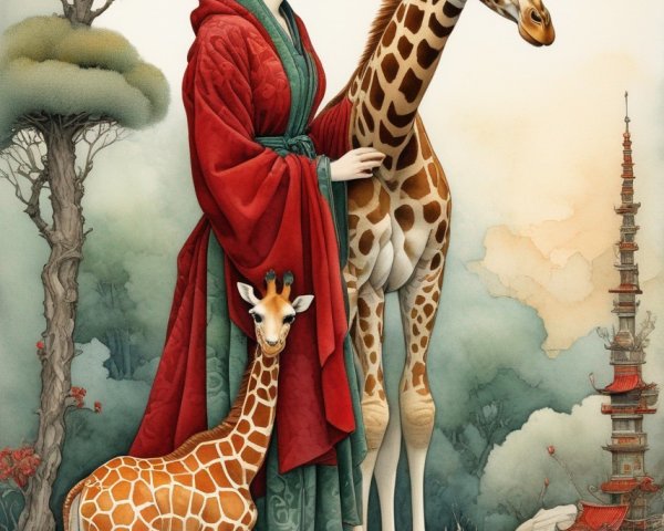 Stylized Illustration of Woman with Giraffes in Nature