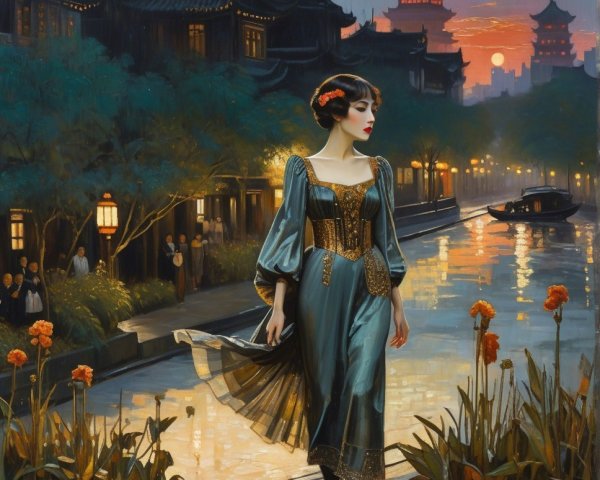 Stylish Woman Strolling by Tranquil Waterway at Sunset