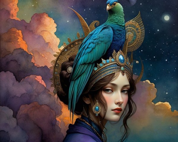Stunning Woman with Jewelry and Majestic Peacock