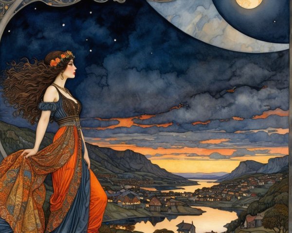 Woman in flowing garments on moonlit hillside landscape