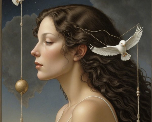 Serene portrait of a woman with doves and stars