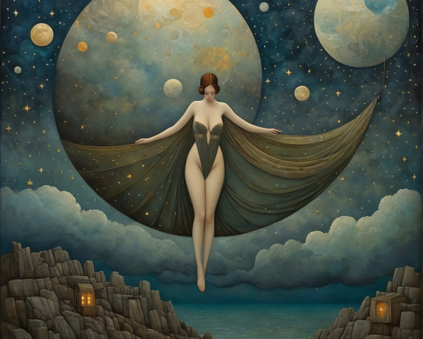 Dreamlike Scene with Moons and Starry Night Sky
