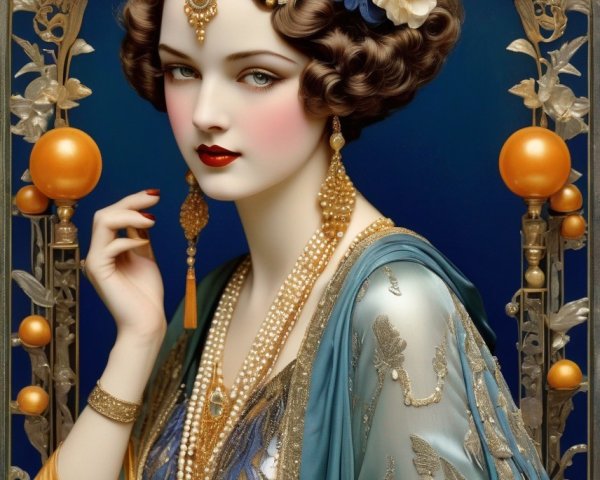 Stylized portrait of a woman in ornate attire