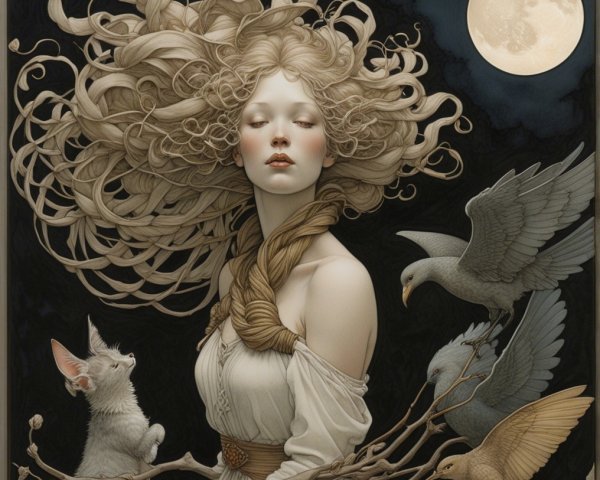 Serene Figure with Moon, Birds, and Cat in Darkness