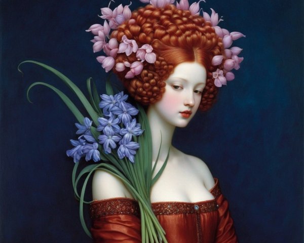 Portrait of Woman with Red Hair and Pink Flowers Holding Blue Bouquet